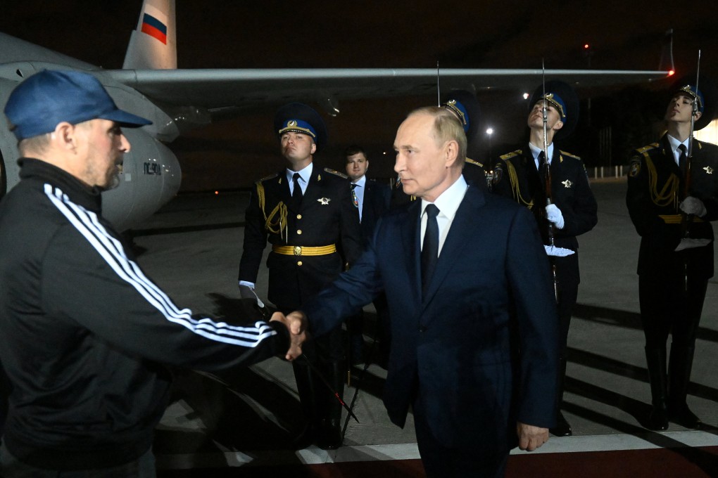 Russia’s President Vladimir Putin greets Vadim Krasikov, who was released in a prisoner exchange between Russia with Western countries. Krasikov was serving a life sentence in Germany for the 2019 murder of a Chechen rebel commander in a Berlin park. Photo: Reuters