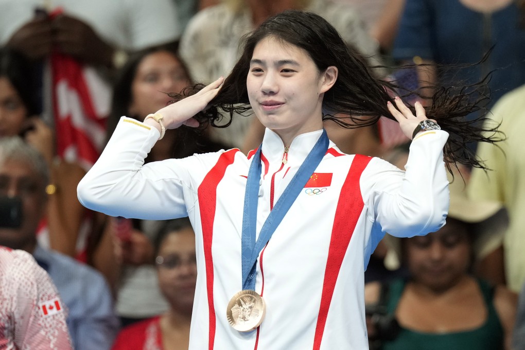 China’s hang Yufei of China reacts after winning bronze in the 200m butterfly at the Paris Olympics. Photo: Xinhua