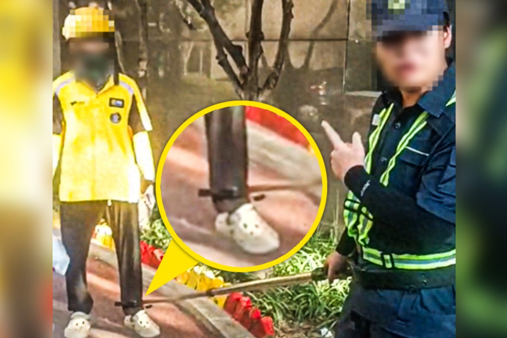A security guard in China who used a riot control device to restrain a food delivery rider has been heavily criticised on mainland social media. Photo: SCMP composite/Douyin