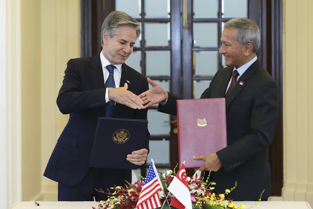 US Secretary of State Antony Blinken and Singapore’s Foreign Minister Vivian Balakrishnan shake hands after a signing ceremony with Singapore of the 123 Civil-Nuclear Cooperation Agreement and Third Country Training Program at the Ministry of Foreign Affairs in Singapore on July 31. Photo: AP