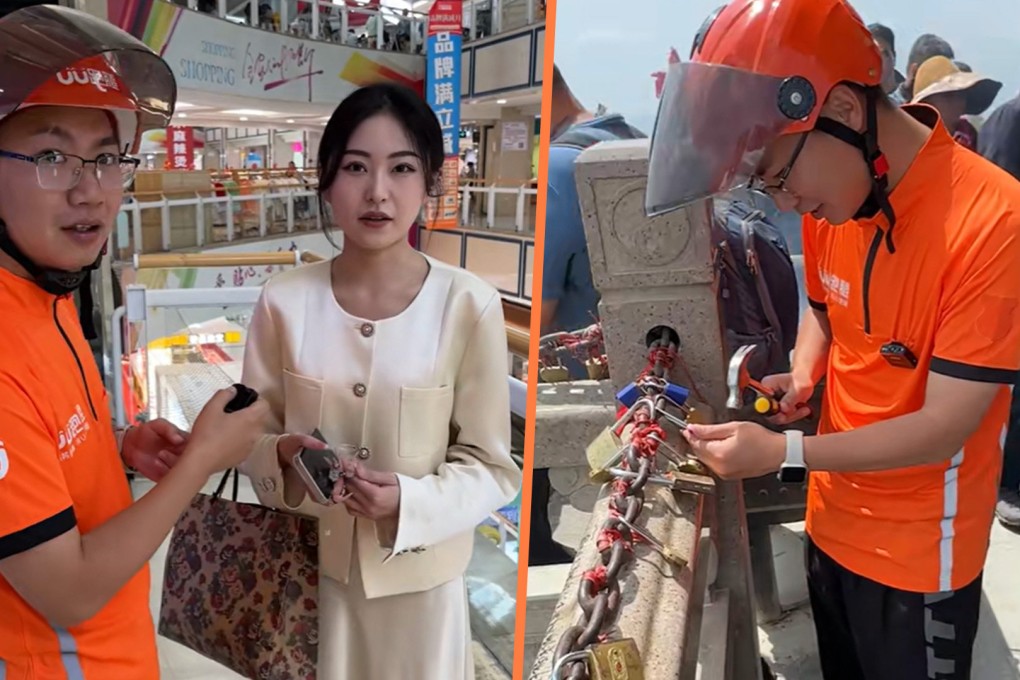 A cheated on woman in China paid a delivery rider to climb a mountain and destroy a “love lock” she and her ex-lover had placed at its summit. Photo: SCMP composite/Douyin