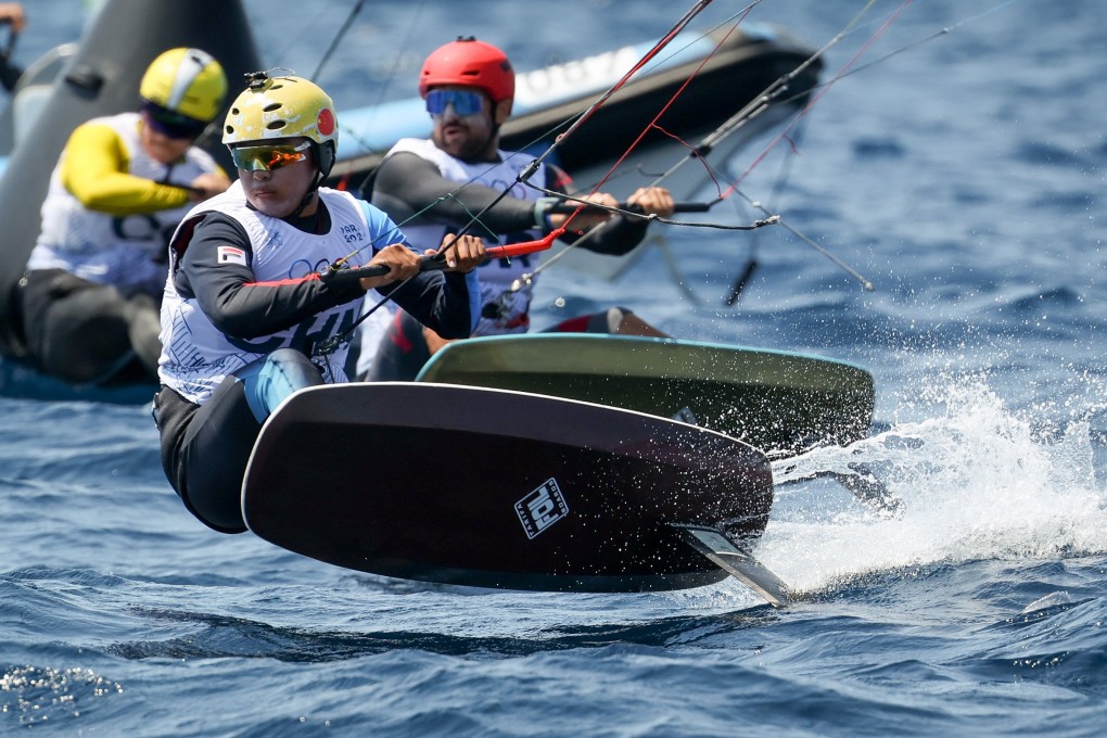 Qibin Huang of China in a Formula Kite practice session in Marseille before the competition begins. Photo: EPA-EFE