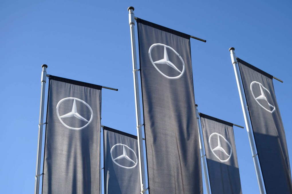 Flags with the Mercedes logo are seen in front of the company’s customer centre in Sindelfingen, Germany, February 13, 2023. Photo: AFP