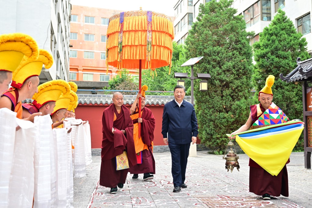 Chinese President Xi Jinping, pictured on a visit to a Tibetan Buddhist temple in Qinghai earlier this year, has stressed the importance of the “community of the Chinese nation” in policies towards minorities. Photo: EPA-EFE