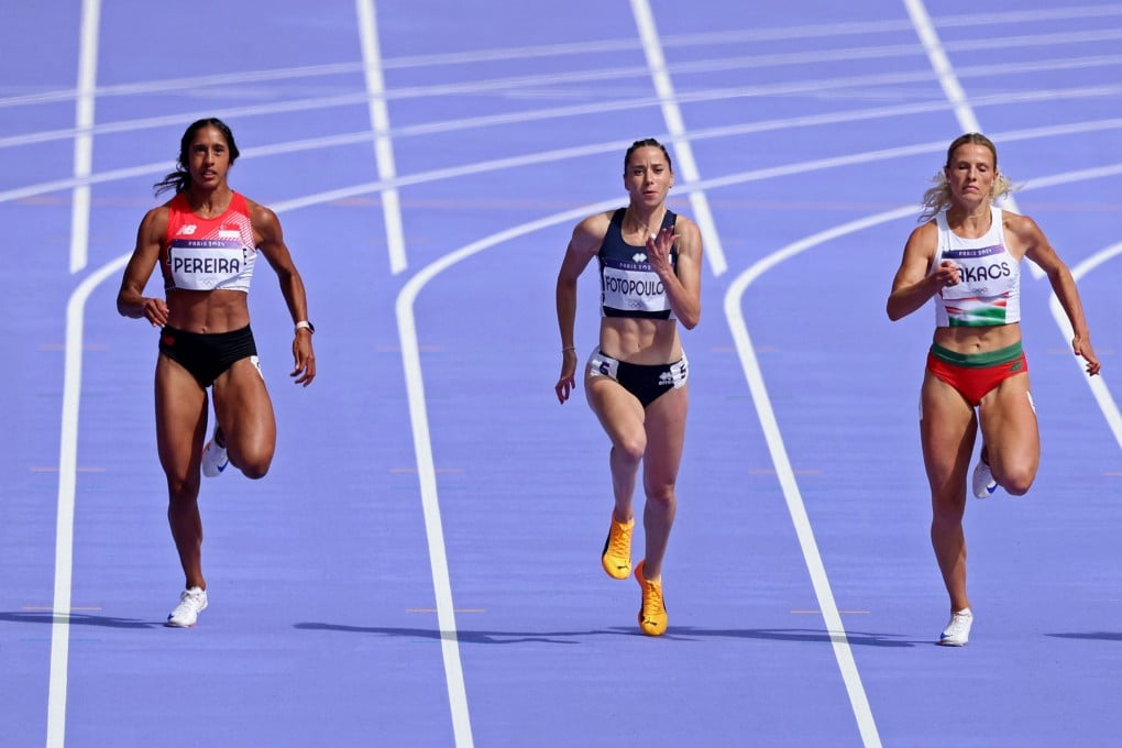 Shanti Pereira (left), Olivia Fotopoulou of Cyprus, and Boglarka Takacs of Hungary in action during Heat 5 of the women’s 200m. Photo: Reuters