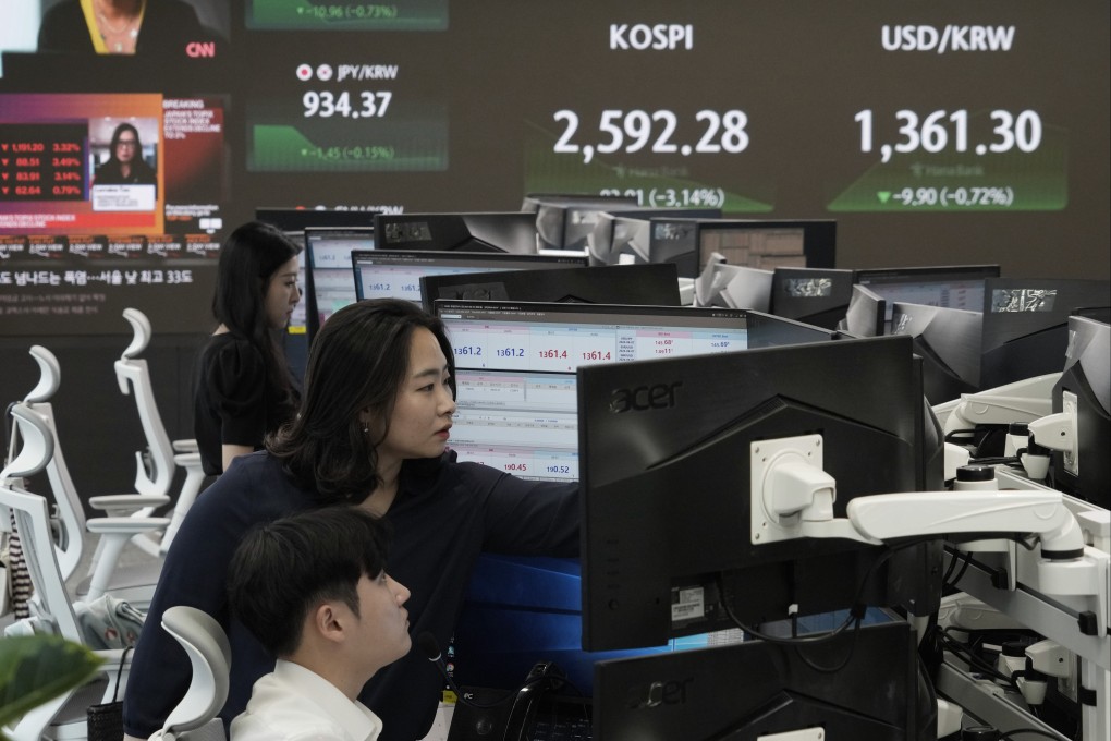 Currency traders near a screen showing the Korea Composite Stock Price Index (KOSPI) and the foreign exchange rate between US dollar and Korean won at the KEB Hana Bank headquarters in Seoul, on August 5, 2024. Photo: AP