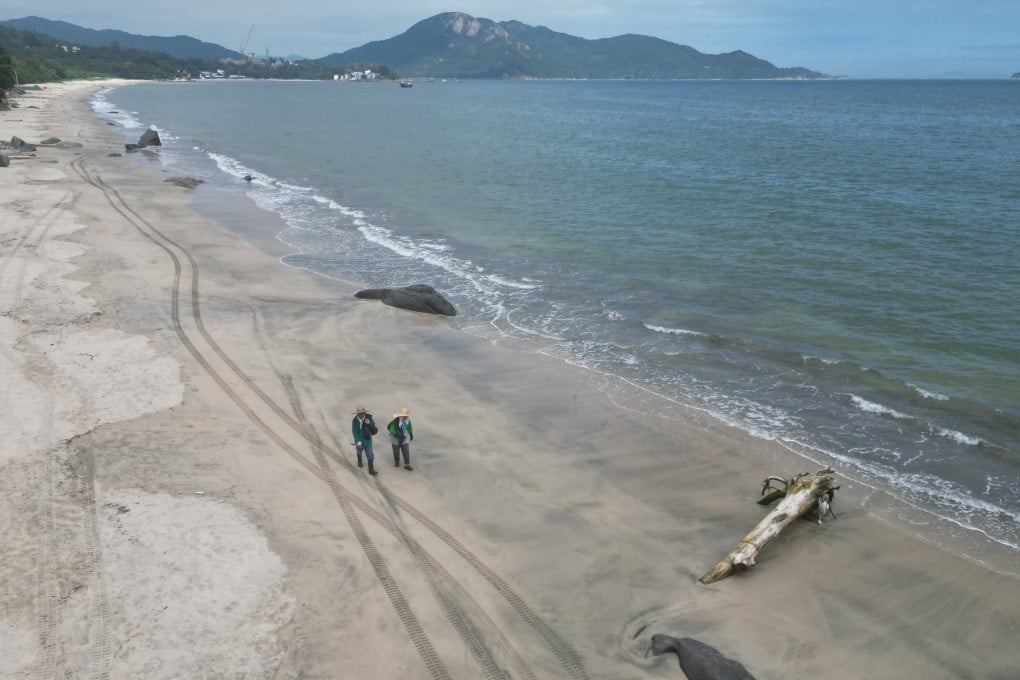 Clean-up workers walk along Cheung Sha Beach on Lantau on May 28. Photo: Eugene Lee