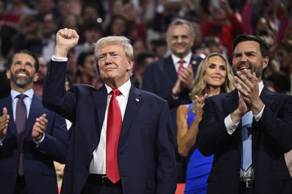 Former US president and 2024 Republican presidential candidate Donald Trump (left) gestures next to US Senator from Ohio and 2024 Republican vice-president candidate J.D. Vance during the first day of the 2024 Republican National Convention in Milwaukee, on July 15. Trump has promised sweeping tariffs on China if elected president. Photo: AFP/Getty Images/TNS