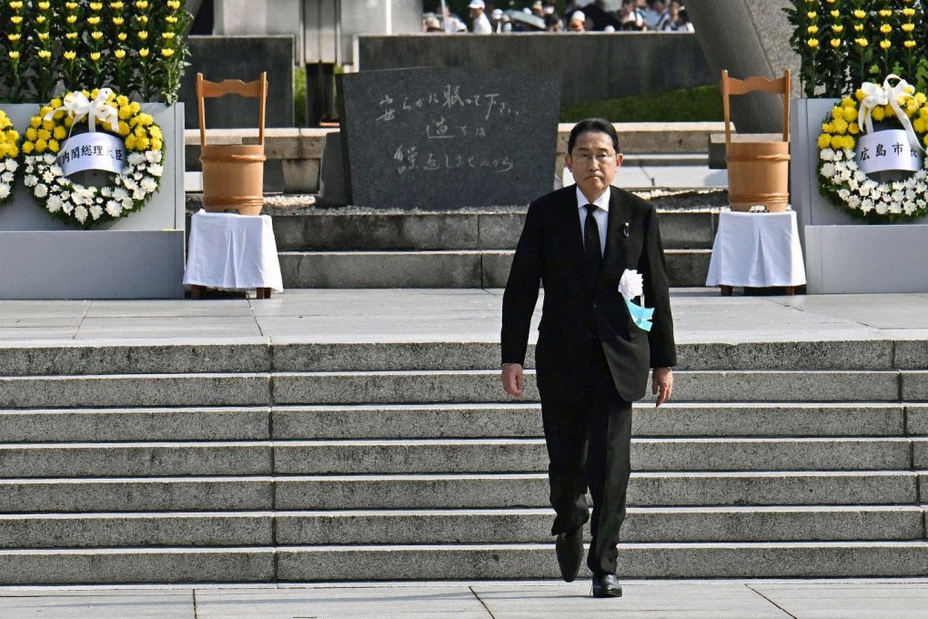 Japanese Prime Minister Fumio Kishida takes part in the commemorations in Hiroshima, western Japan, on Tuesday for the 79th anniversary of the atomic bombing of the city. Photo: Kyodo via Reuters