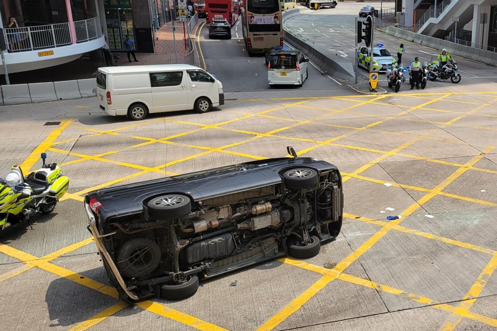 The delivery van flipped onto its left side after the collision. Photo: Facebook/ Bosco Chu