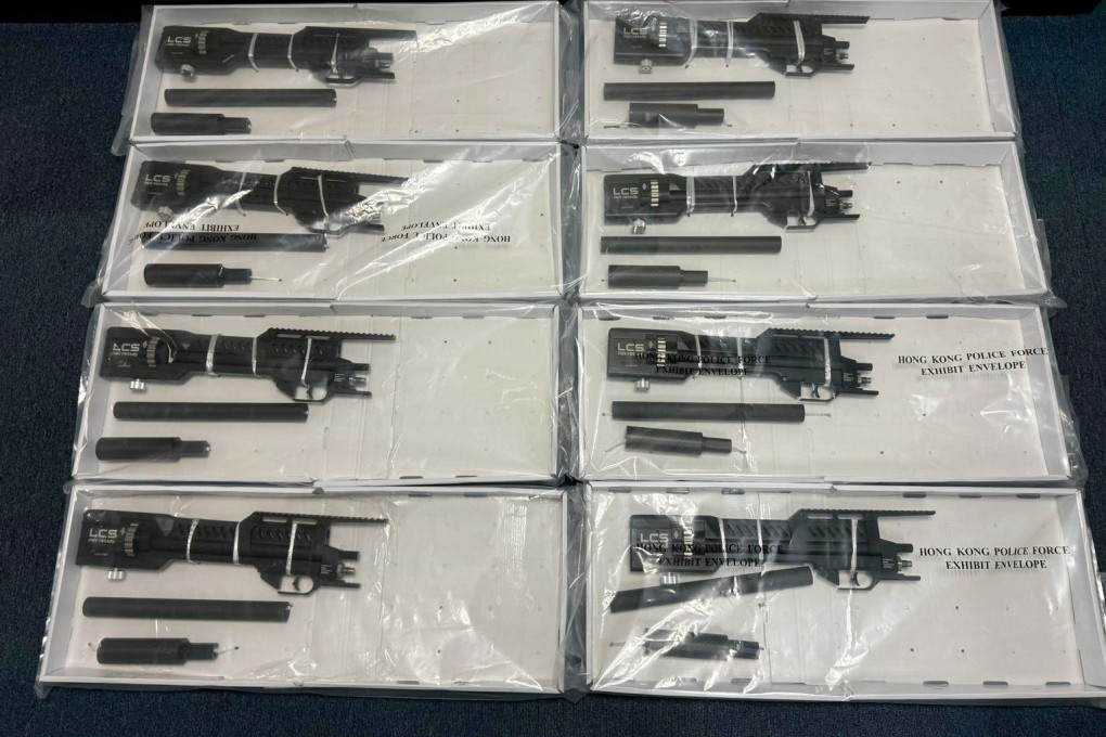 Some of the airgun parts displayed as evidence. Police say the organised crime and triad bureau has been monitoring a group it believed to be behind the activity. Photo: Handout