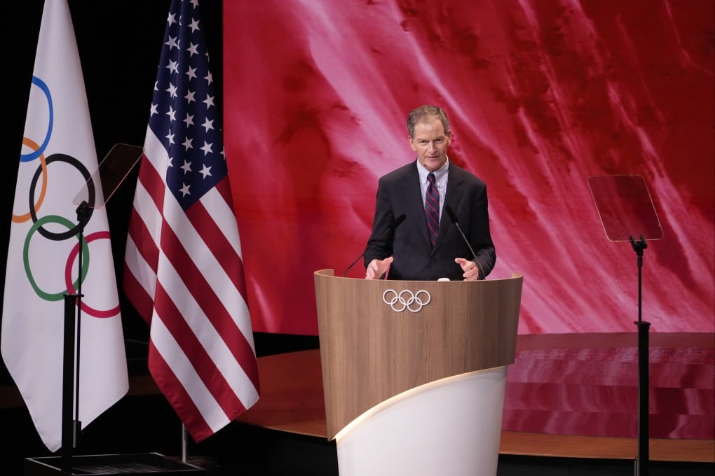 Gene Sykes, president of the US Olympic and Paralympic committee, presents Salt Lake City’s bid to host the 2034 Winter Games during a meeting in Paris on July 24. Photo: AP