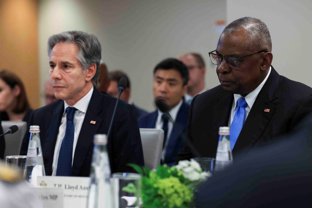 US Secretary of State Antony Blinken (left) and US Defence Secretary Lloyd Austin attend a meeting with Foreign Minister Penny Wong and Australian Deputy Prime Minister and Defence Minister Richard Marles (neither pictured) in Annapolis, Maryland, on Tuesday. Photo: Reuters