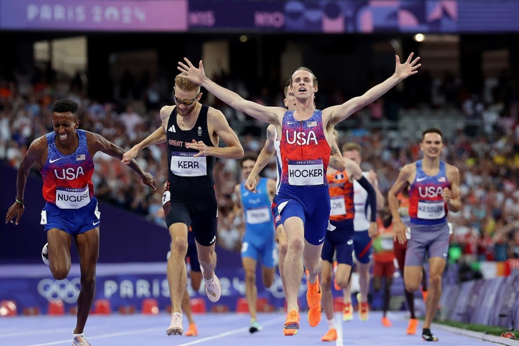 Cole Hocker of the United States crosses the finish line to win the men’s 1,500m. Photo: TNS