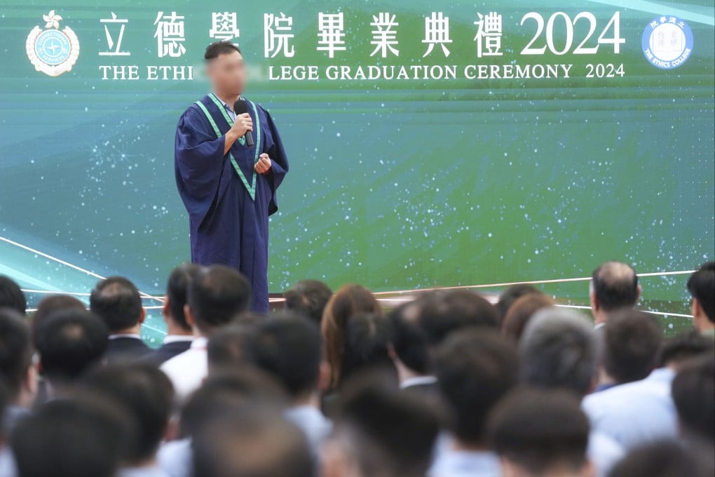 Leon Tong shares his thoughts at the first graduation ceremony of the Ethics College. Photo: Elson Li
