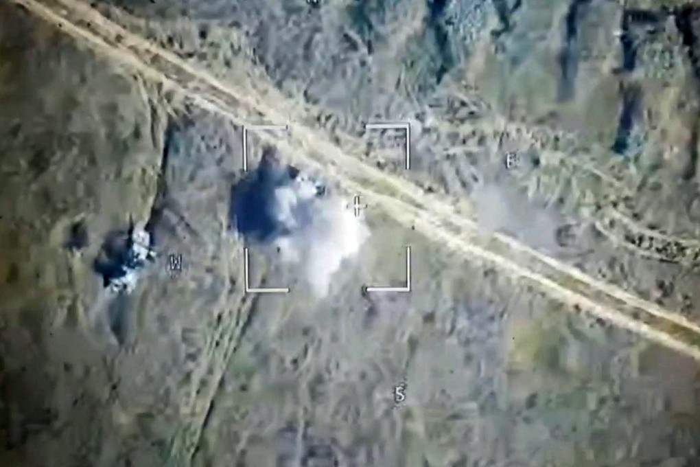 A Russian drone attack on Ukrainian armoured vehicles outside the town of Sudzha, Kursk Region, on Wednesday. Photo: Russian Defence Ministry via AP