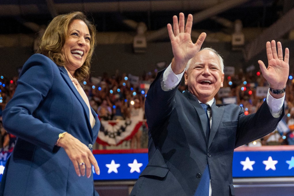 US Vice-President Kamala Harris and her running mate, Minnesota Governor Tim Walz, take the stage at a campaign rally at Temple University in Philadelphia on Tuesday. Photo: The Philadelphia Inquirer via TNS