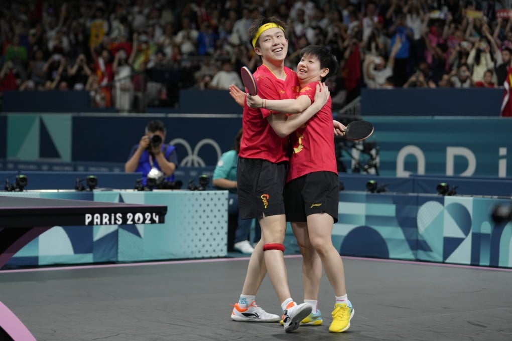 A photo showing Wang Chuqin (left) and Sun Yingsha hugging after matches with the caption “I will protect the one I love” has received more than 1,000 likes. Photo: AP