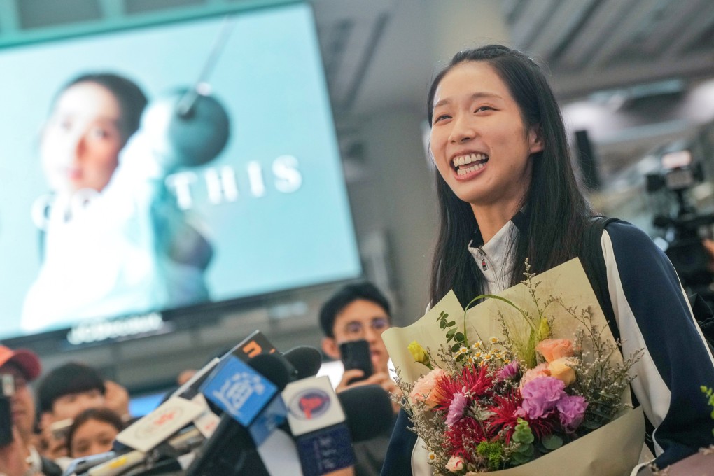 Olympic gold medallist Vivian Kong addresses the media at Hong Kong’s airport after her return from the Paris Games. Photo: Elson Li