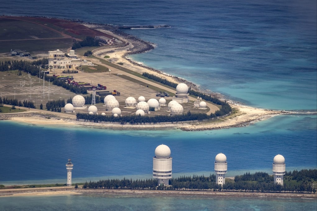 Buildings and structures on the artificial island built by China in the South China Sea’s Fiery Cross Reef in October 2022. China has progressively asserted its claim of ownership over disputed islands in the South China Sea by artificially increasing the size of islands, creating new islands and building ports, military outposts and airstrips. Photo: Getty Images