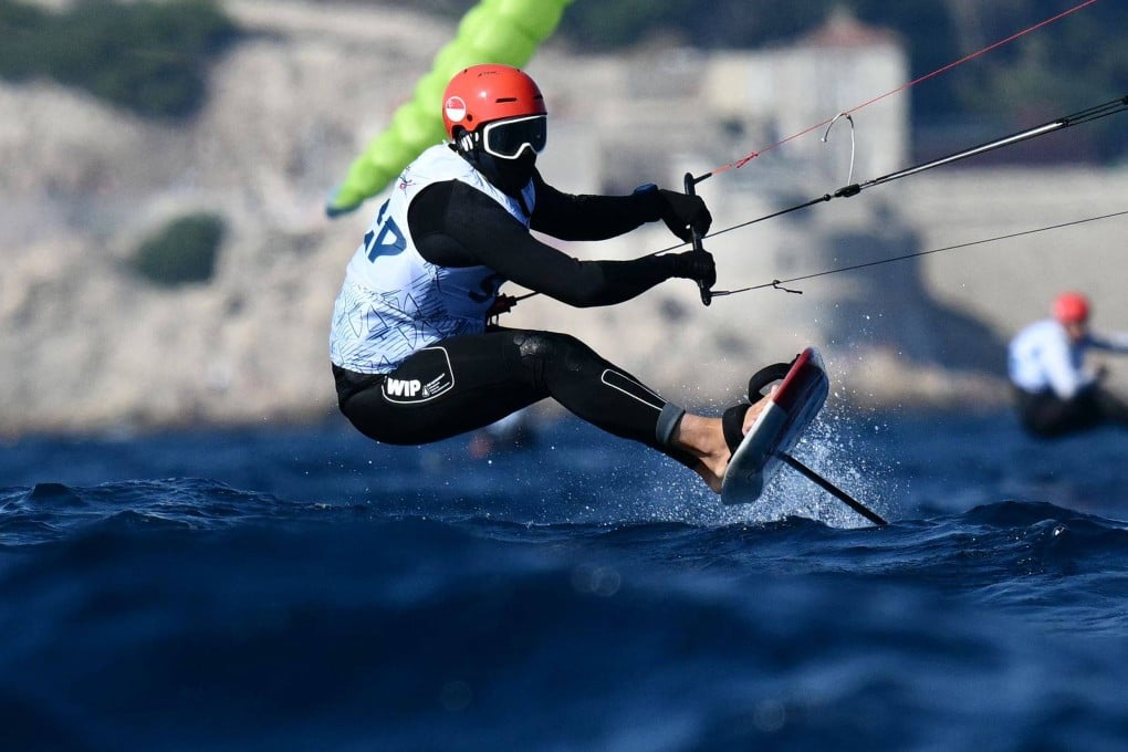 Singapore’s Maximilian Maeder in race 3 of the mens formula kite kiteboarding event at the Roucas-Blanc Marina in Marseille on August 4. Photo: AFP