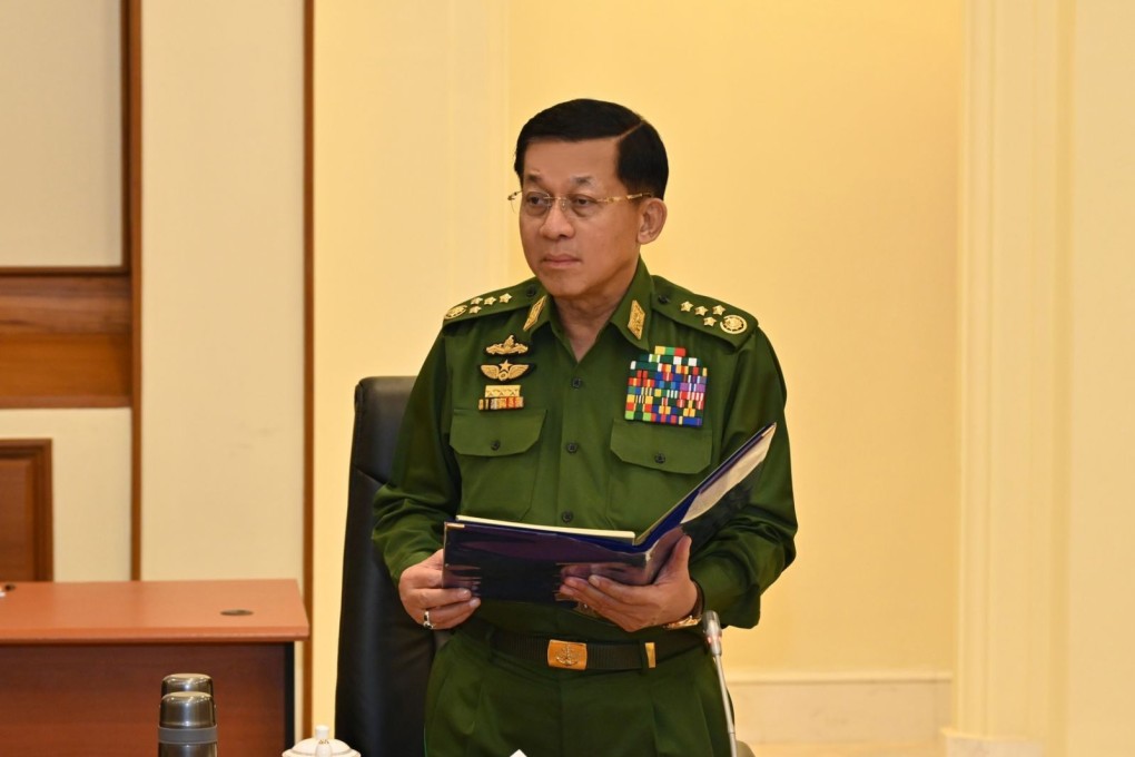 Myanmar’s Chairman of the State Administration Council (SAC) Senior General Min Aung Hlaing at a meeting in Naypyidaw in January. Photo; Myanmar’s Ministry of Information/Handout via Xinhua