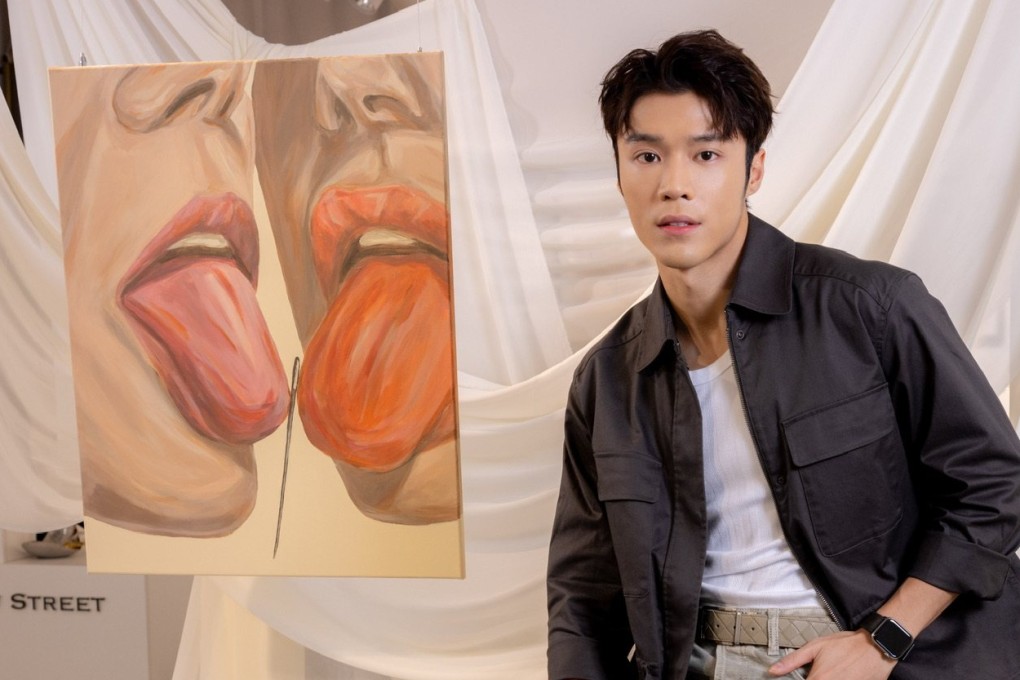 Hong Kong actor and artist Karl Ting at “Who Are You?”, his first solo art show. His paintings explore identity, love and societal pressure. Photo: 13A New Street Art Gallery