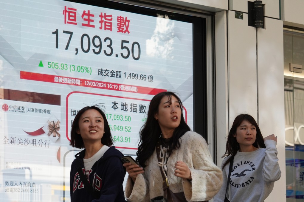 People walking past a stock screen outside a bank along the Jordan Walk in Hong Kong in March 2024. Photo: Eugene Lee
