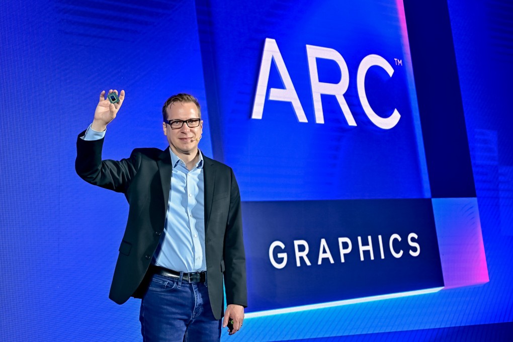 Jack Weast, vice-president and general manager of Intel Automotive, shows the firm’s new discrete graphics processing unit at a launch event in Shenzhen. Photo: Intel