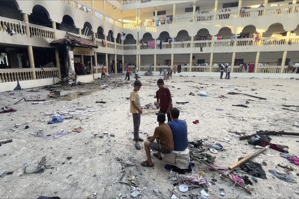 A schoolyard in Gaza City is seen on Saturday after it was hit by an Israeli air strike. Photo: AP