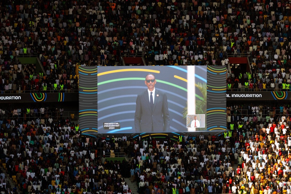 Rwanda President Paul Kagame is seen on screen during the presidential inauguration ceremony in Kigali on Sunday. Photo: AFP