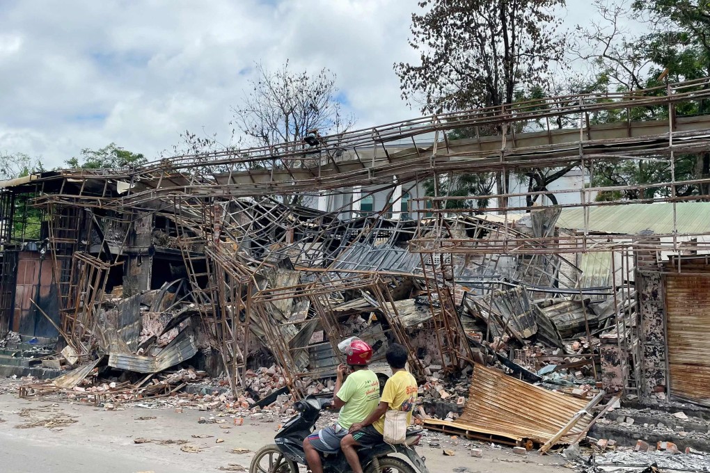 A burnt-out building in Lashio in Shan state, which recently fell to the rebels. Photo: AFP