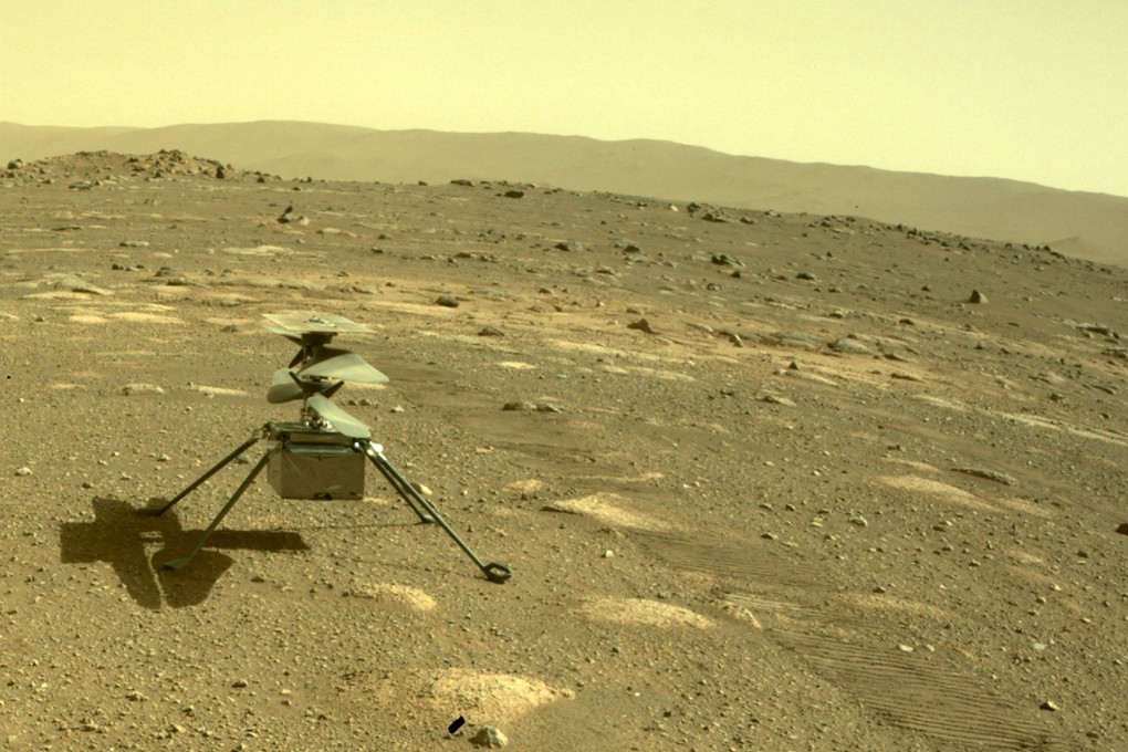 Nasa’s Ingenuity helicopter on Mars as viewed by the Perseverance rover’s rear Hazard Camera in April 2021. Photo: Nasa / JPL-Caltech / AFP