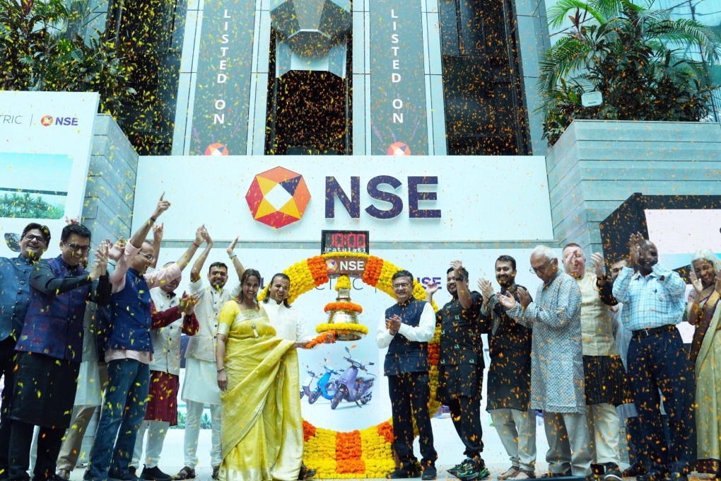 Bhavish Aggarwal, chairman and CEO of Ola Electric Mobility Ltd (centre left), during the company’s listing ceremony at the National Stock Exchange in Mumbai, India, on August 9. Photo: Bloomberg