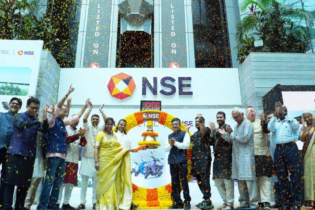 Bhavish Aggarwal, chairman and CEO of Ola Electric Mobility Ltd (centre left), during the company’s listing ceremony at the National Stock Exchange in Mumbai, India, on August 9. Photo: Bloomberg