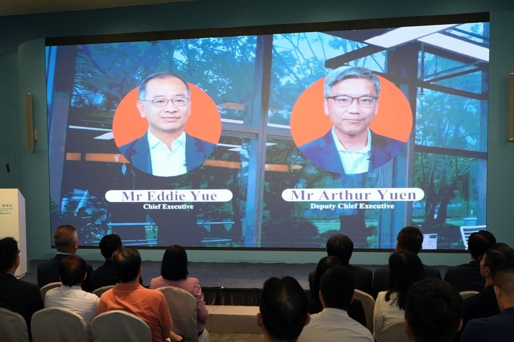 The AI-generated avatars of HKMA chief executive Eddie Yue Wai-man and deputy chief Arthur Yuen Kwok-hang at the GenAI sandbox launch on Tuesday: Photo: HKMA