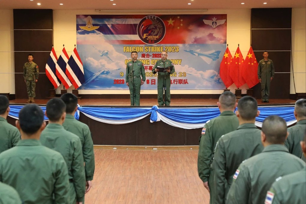 Thai and Chinese troops attend the opening ceremony of last year’s Falcon Strike exercise in Thailand in July 2023. Photo: PLA Air Force