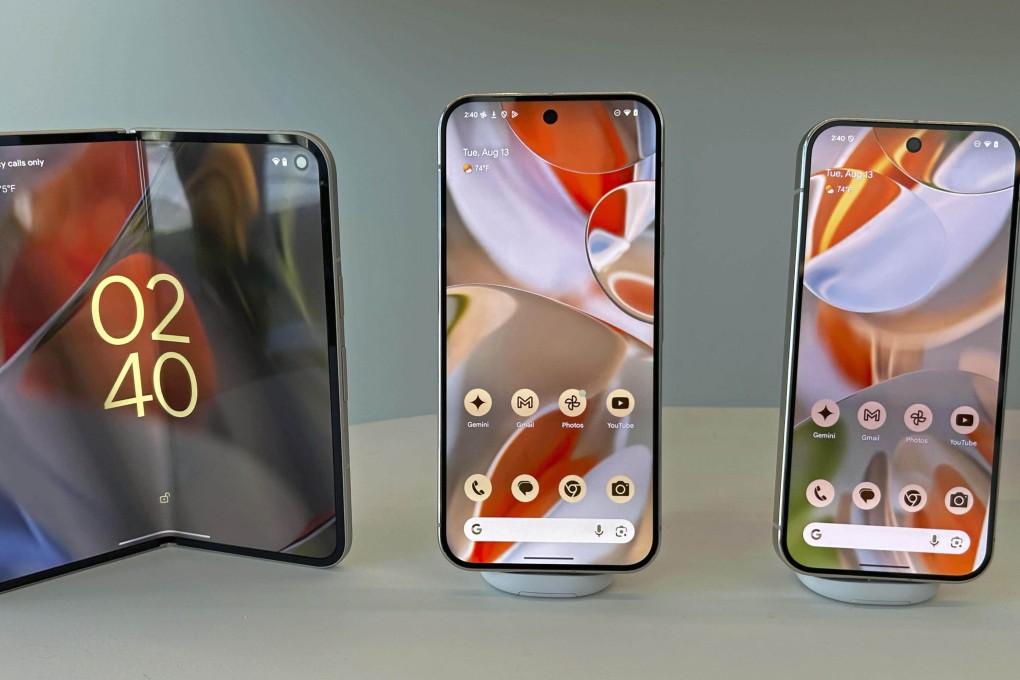 Google’s line-up of new Pixel 9 smartphones with enhanced AI features at their launch in Mountain View, California, on August 13, 2024. Photo: Kyodo