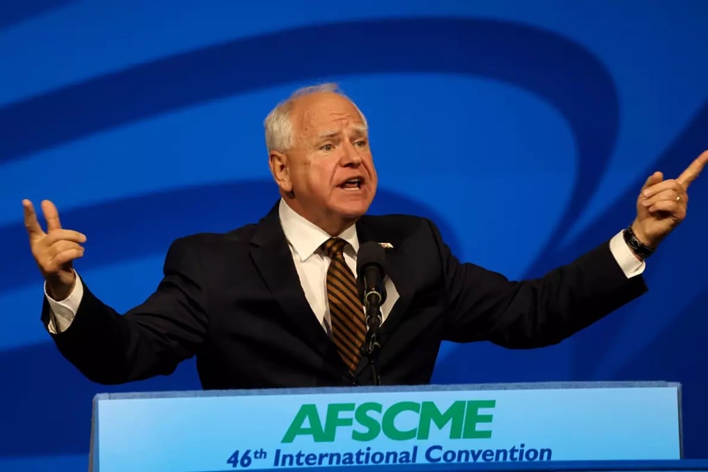 Democratic vice-presidential candidate Tim Walz addresses unionized public employees in Los Angeles, California, on Tuesday. Photo: Los Angeles Times/TNS