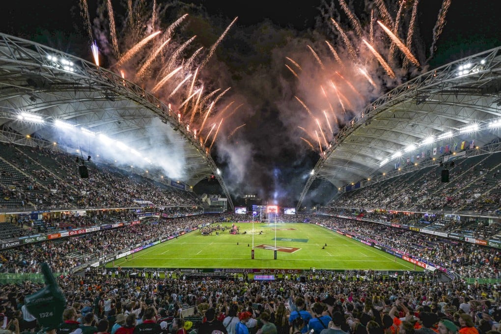 Fireworks explode over Hong Kong Stadium at the end of the 2024 Cathay/HSBC Hong Kong Sevens. Photo: Eugene Lee