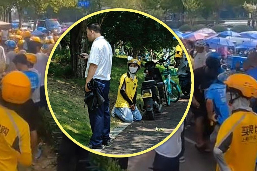 A courier in China who made a humiliating apology to a security guard after accidentally damaging a fence while rushing to complete an order sparked a protest by his fellow riders. Photo: SCMP composite/Weibo/Baidu