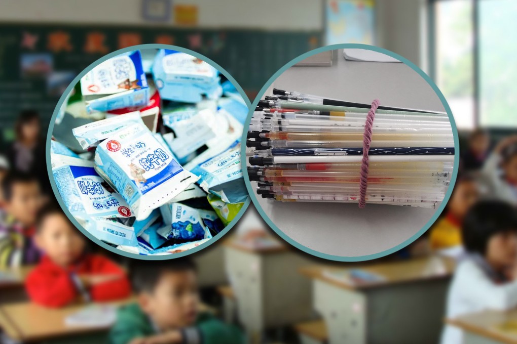 A thriving second-hand market in empty milk cartons has emerged in China after some schools asked their pupils to return the containers. Photo: SCMP composite/Sohu/The Paper