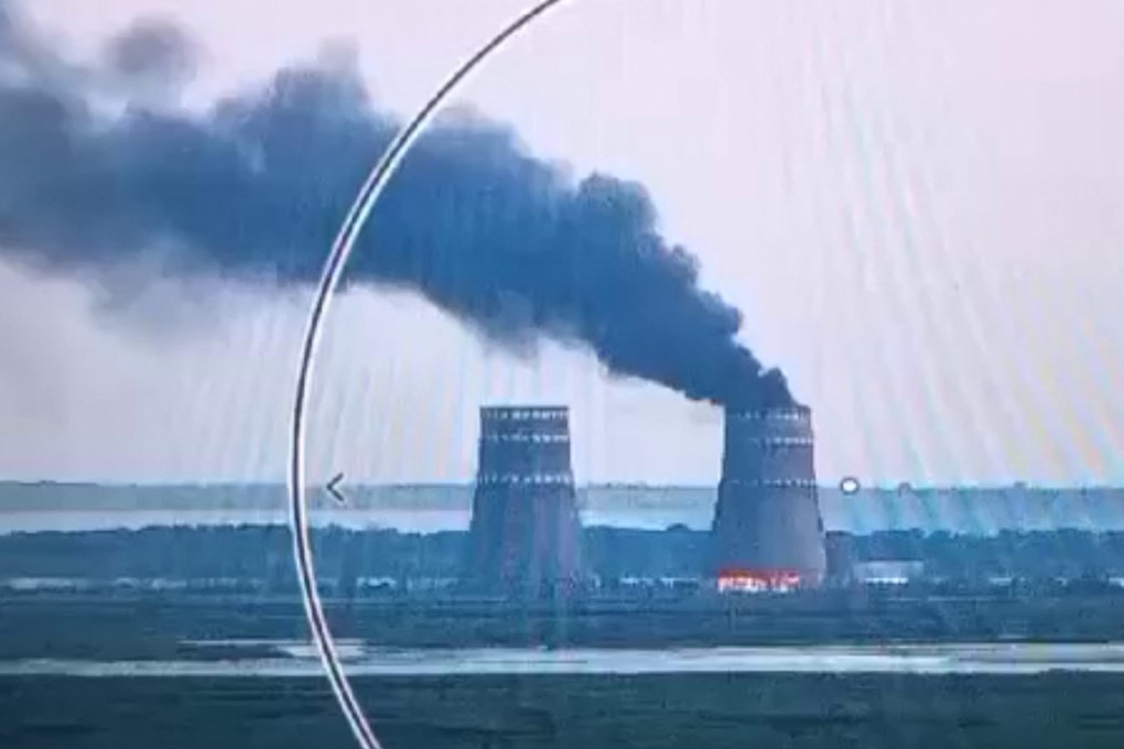 A fire is seen at a cooling tower at the Russian-controlled Zaporizhzhia nuclear power plant in Energodar, Southern Ukraine, in footage released on August 11. Photo: Ukrainian Presidential Press Service via AFP