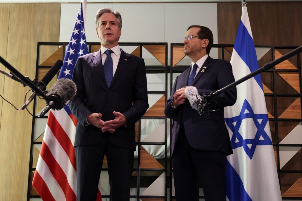 US Secretary of State Blinken meets with Israel’s President Isaac Herzog in Tel Aviv on Monday. Photo: Reuters