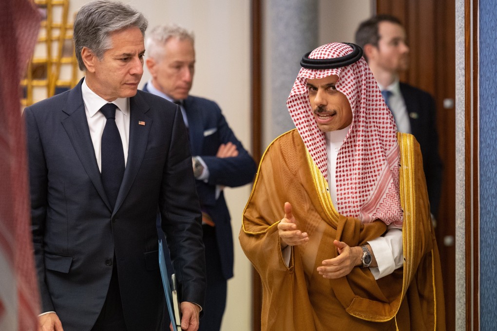 Saudi Minister of Foreign Affairs, Prince Faisal bin Farhan bin Abdullah meets with the US Secretary of State Antony Blinken in Jeddah, Saudi Arabia, on March 20, 2024. Photo: EPA-EFE