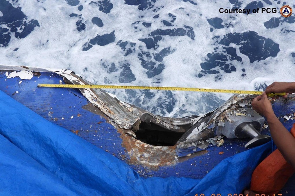 Damage to the Philippine coastguard ship BRP Cape Engano following a collision on August 19 with a Chinese coastguard vessel near Sabina Shoal in the South China Sea. Photo: AFP