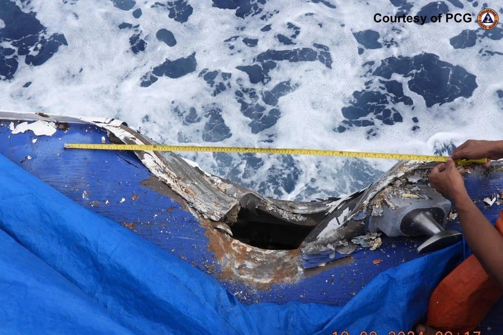 Damage to the Philippine coastguard ship BRP Cape Engano following a collision on August 19 with a Chinese coastguard vessel near Sabina Shoal in the South China Sea. Photo: AFP