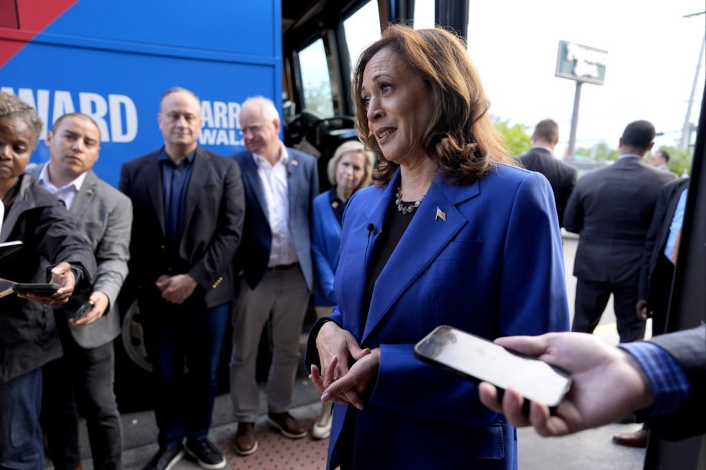 US Vice-President Kamala Harris speaks to reporters during a campaign stop in Pittsburgh Pennsylvania on Sunday. Photo: AP