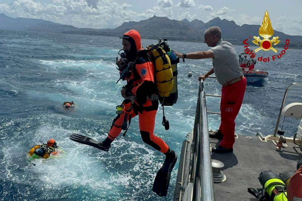 Divers operate in the sea to search for the missing after a luxury yacht sank off Sicily, on August 19. Photo: Vigili del Fuoco/Reuters