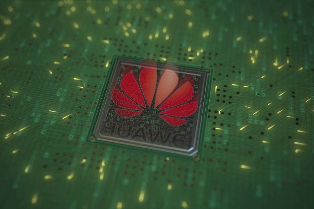 A conceptual illustration of the Huawei logo on a chip mounted to a computer circuit board. Photo:  Shutterstock Images